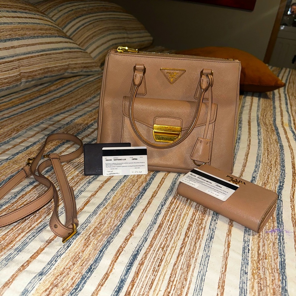 SAFFIANO LUX Prada purse, M color & SAFFIANO METAL Prada wallet, color Cipria